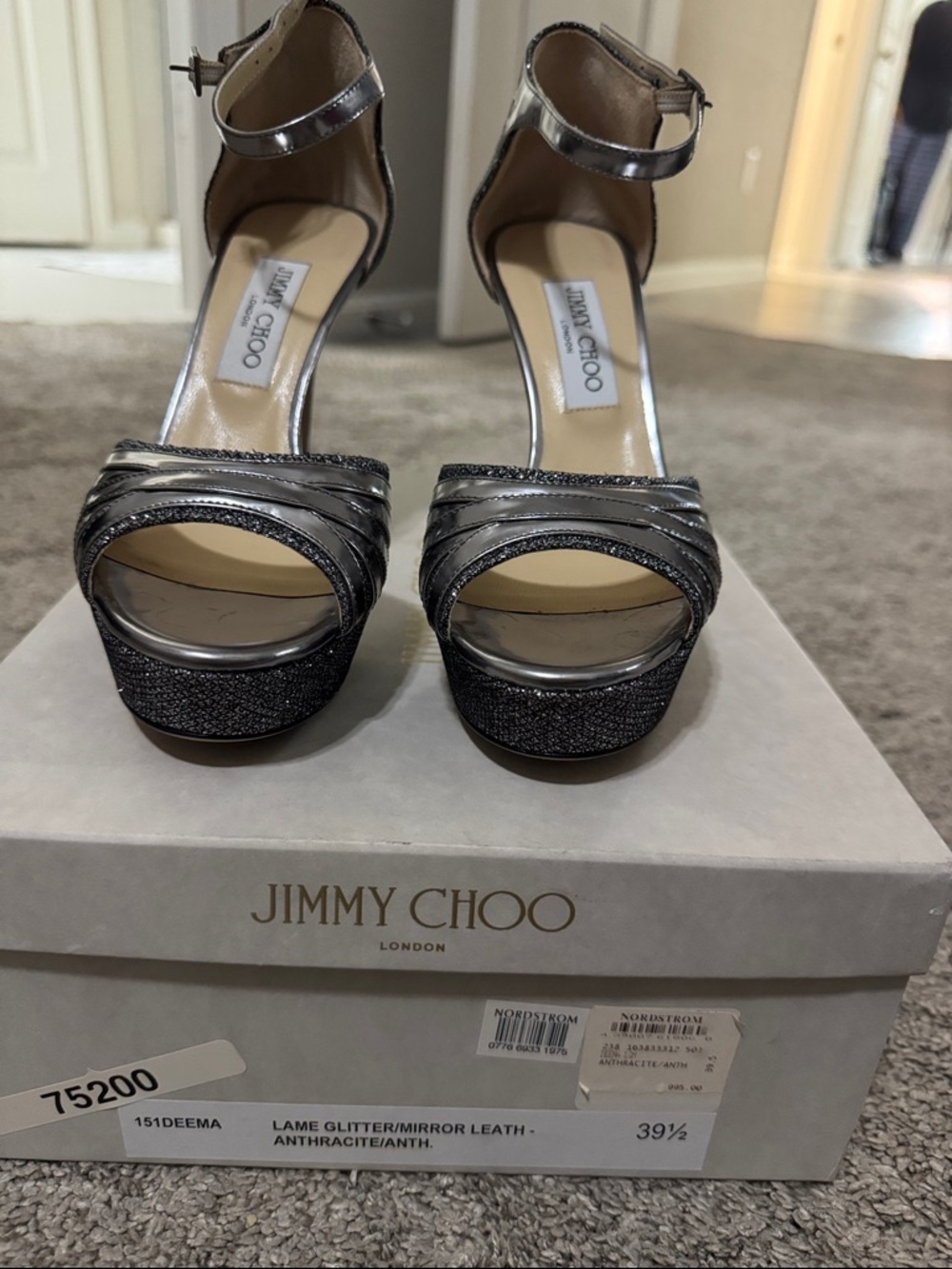 Jimmy Choo Anthracite Glitter and Mirror Platform Sandals - Like New - Sz 39.5